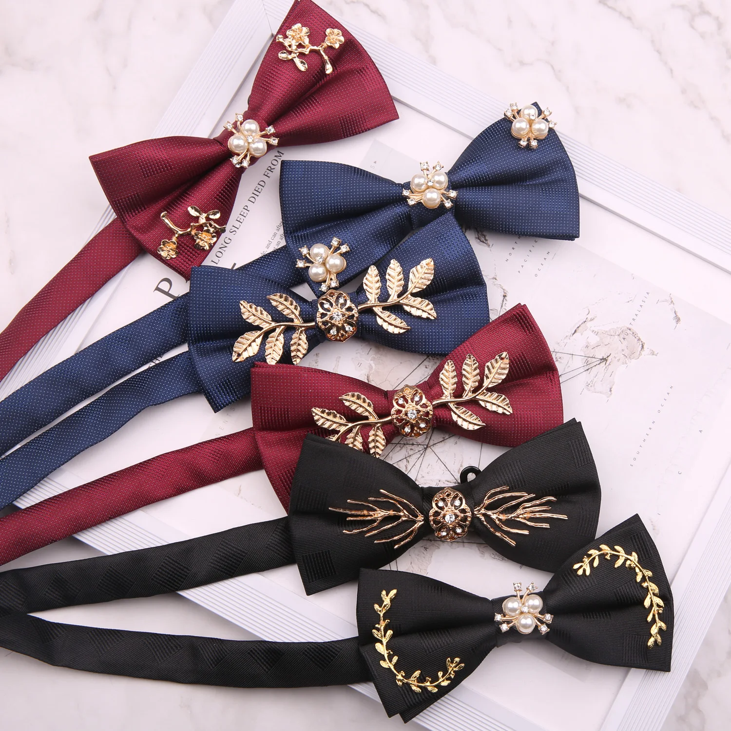 Bow tie for groom\'s wedding, personalized decoration for stage, wine red, black, happy letter, blue inlaid design