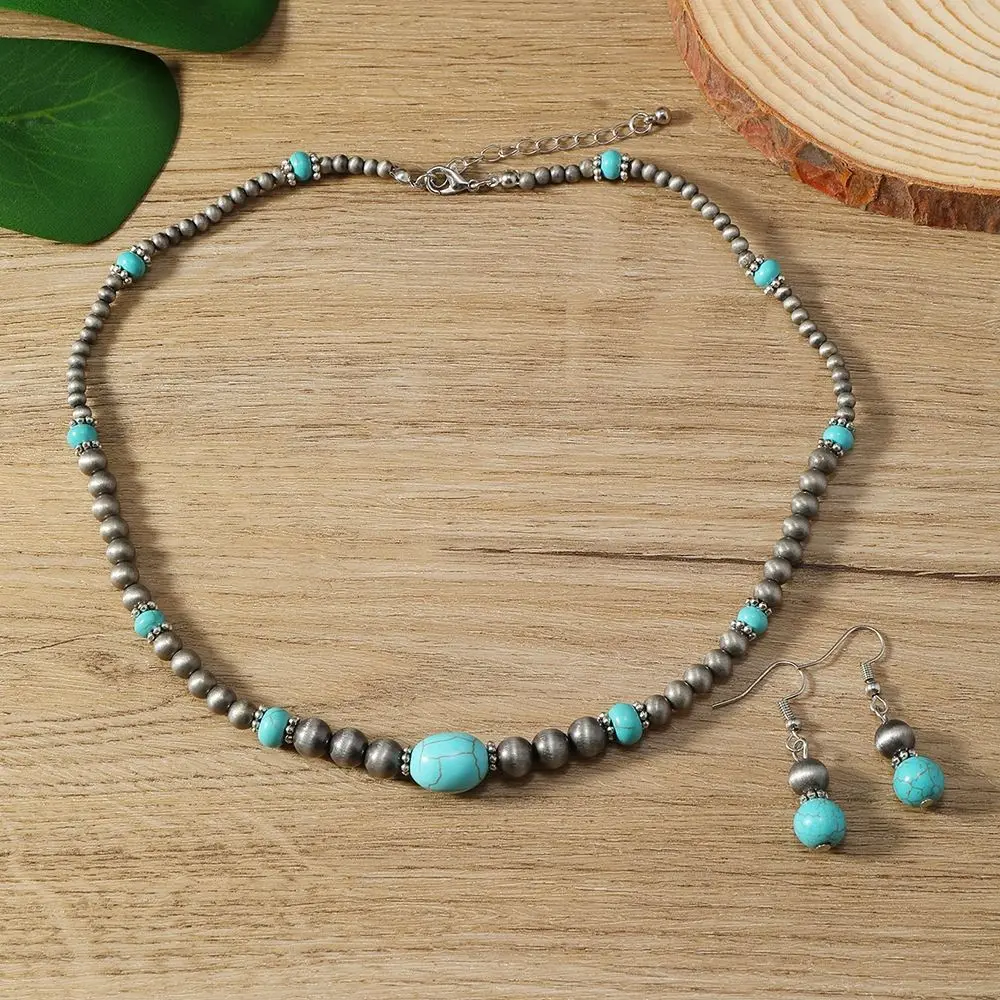 2PCS Fashion Turquoise Navajo Necklaces CCB Bead Western Country Necklaces Ethnic Style Goth Bohemian Style Earrings Holiday