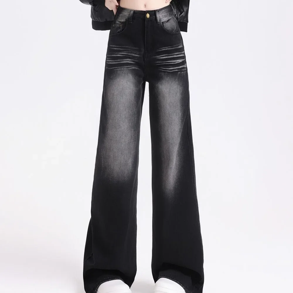 Korean Vintage High Waist Women's Jeans Y2K Slimming Pear-Shaped Loose Straight Bell Bottoms Black Gray Baggy Denim Trousers