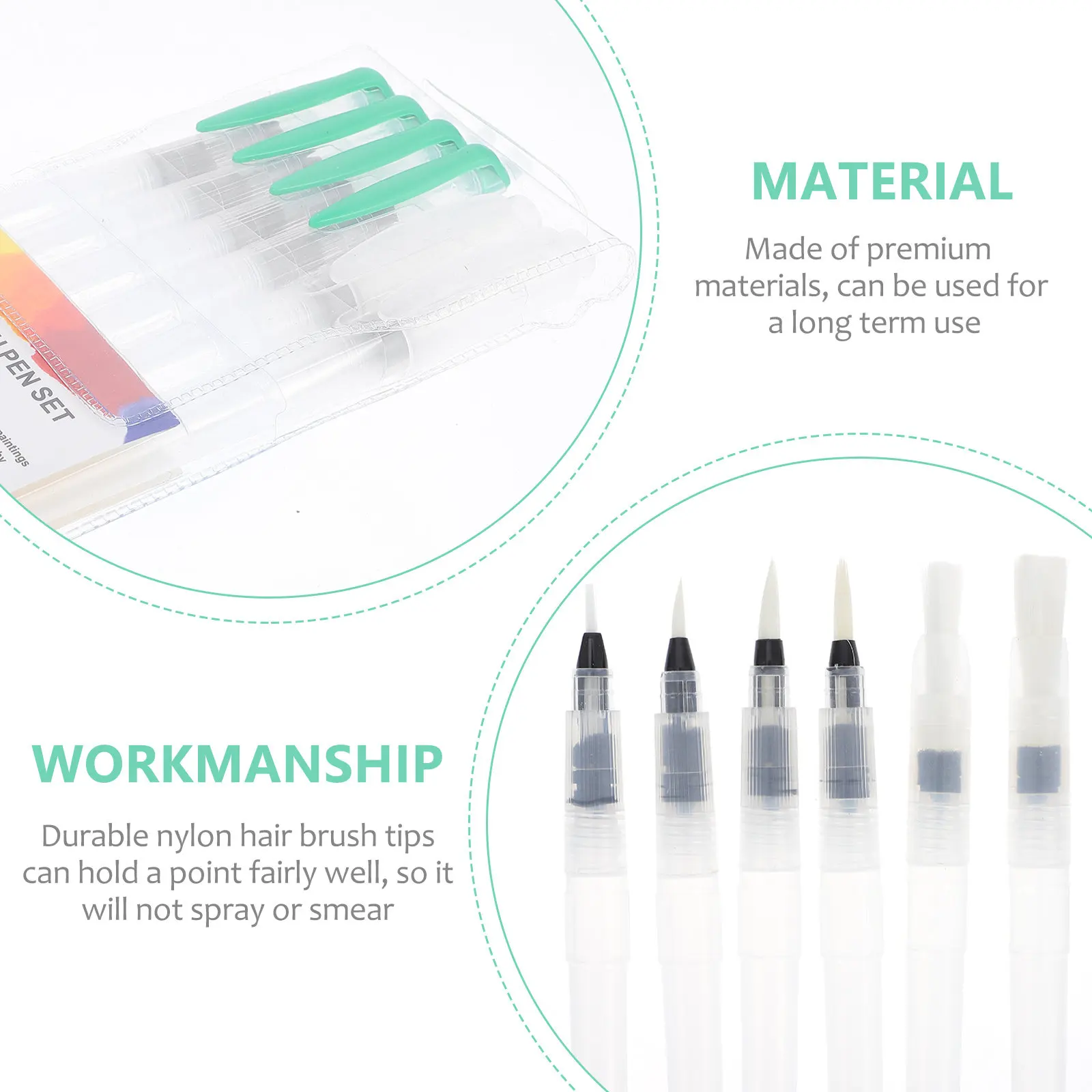 6Pcs Watercolor Brush Pen with Squeeze Barrel Flow Control Easy Clean Nylon Hair Tip for Solid Colors Powdered Pigment