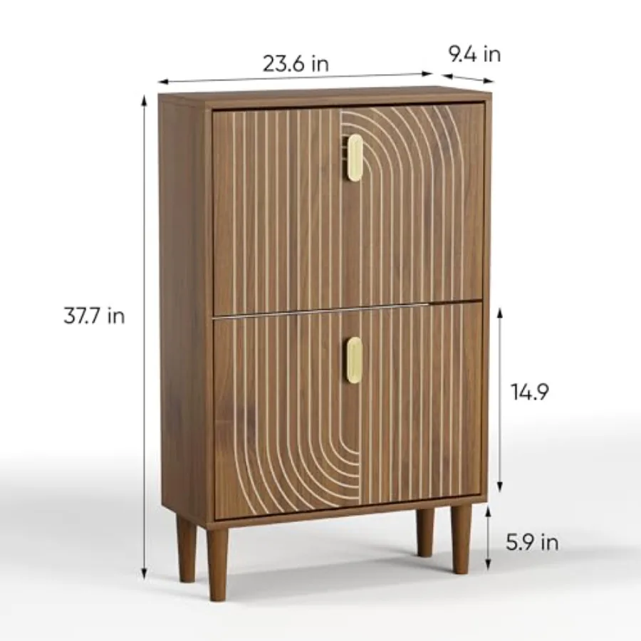 Shoe Storage Cabinet for Entryway, MDF with Metal Handles, White, Space-Saving Narrow Design with 2 Flip Drawers