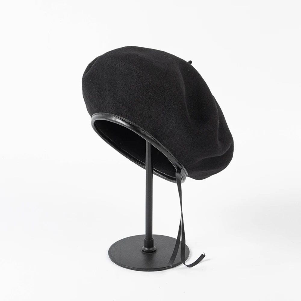 Extra Big Size Wool Beret With PU Binding and Adjustable Ribbon Unisex 34cm Diameter