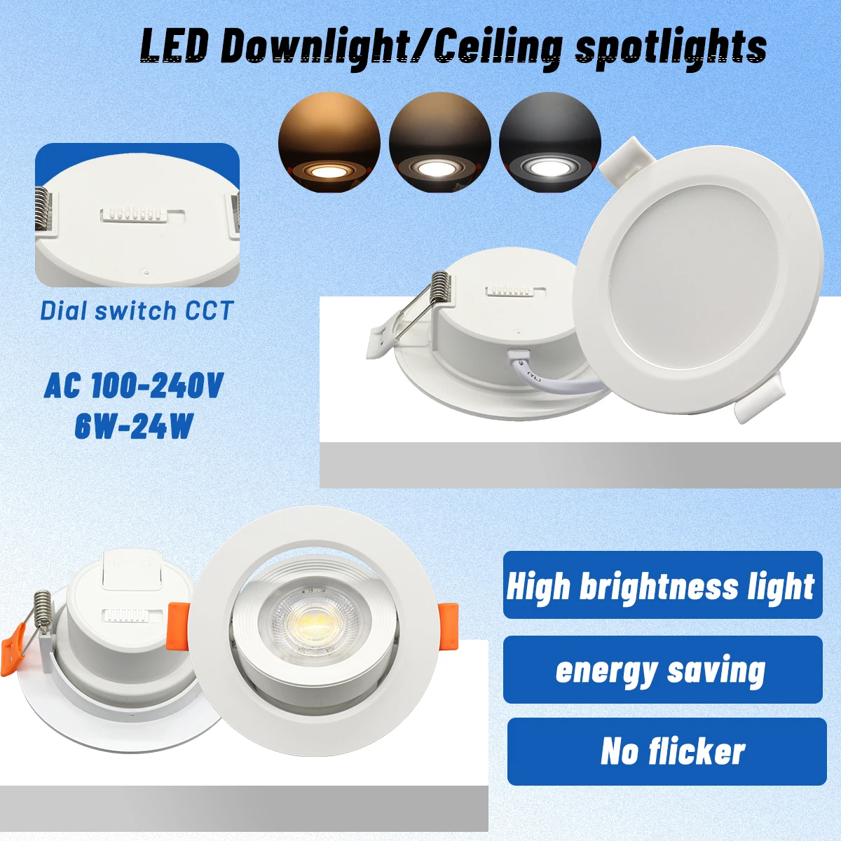 2pcs Recessed LED Spot Downlight Dial Swich CCT 3 Color Adjusted Ceiling Light AC 120V 220V 3000K 4000K 6500K Indoor Lighting