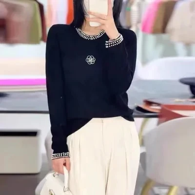 Women Sweater Embroidery Camellia Pearl Diamond Chic Knitted Pullover Knitwears Jumper Thin Soft Cashmere Top Spring Autumn X347