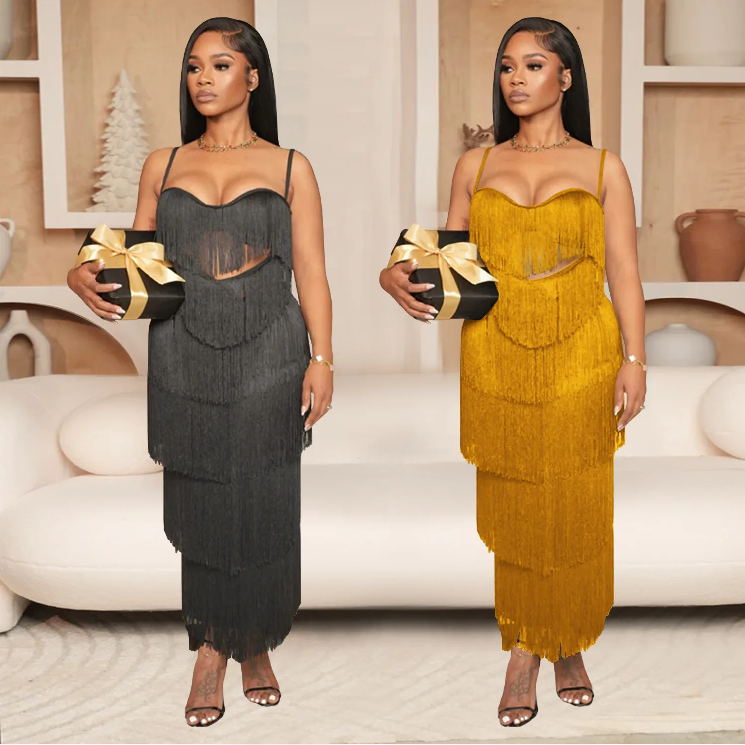 Elegant Backless Sleeveless Layered Slim Dresses 2025 Chic Lady Night Party Robe Sexy Metallic Tassel Halter Lace Up Dress