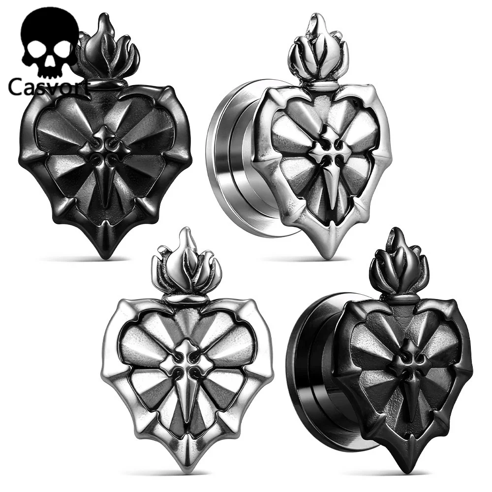 Casvort 2PCS Tunnels et Plugs d'Oreille en Acier Inoxydable 316L Cœur Sacré, Dilatateurs d'Oreille Flamme Croix, Bijoux de Piercing Gothique à Visser
