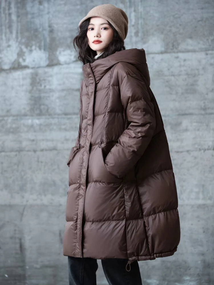 Women Jacket Winter New Fashion Loose Hooded Mid-length Down Jacket White Duck Down Thicked Warm Puffer Jacket Light Fluffy Tops