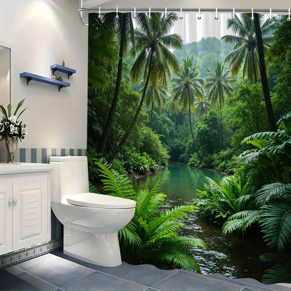 Tropical Paradise River Scene Waterproof Shower Curtain for Bathroom Decor, Bringing the Outdoors Inside with Lush Greenery