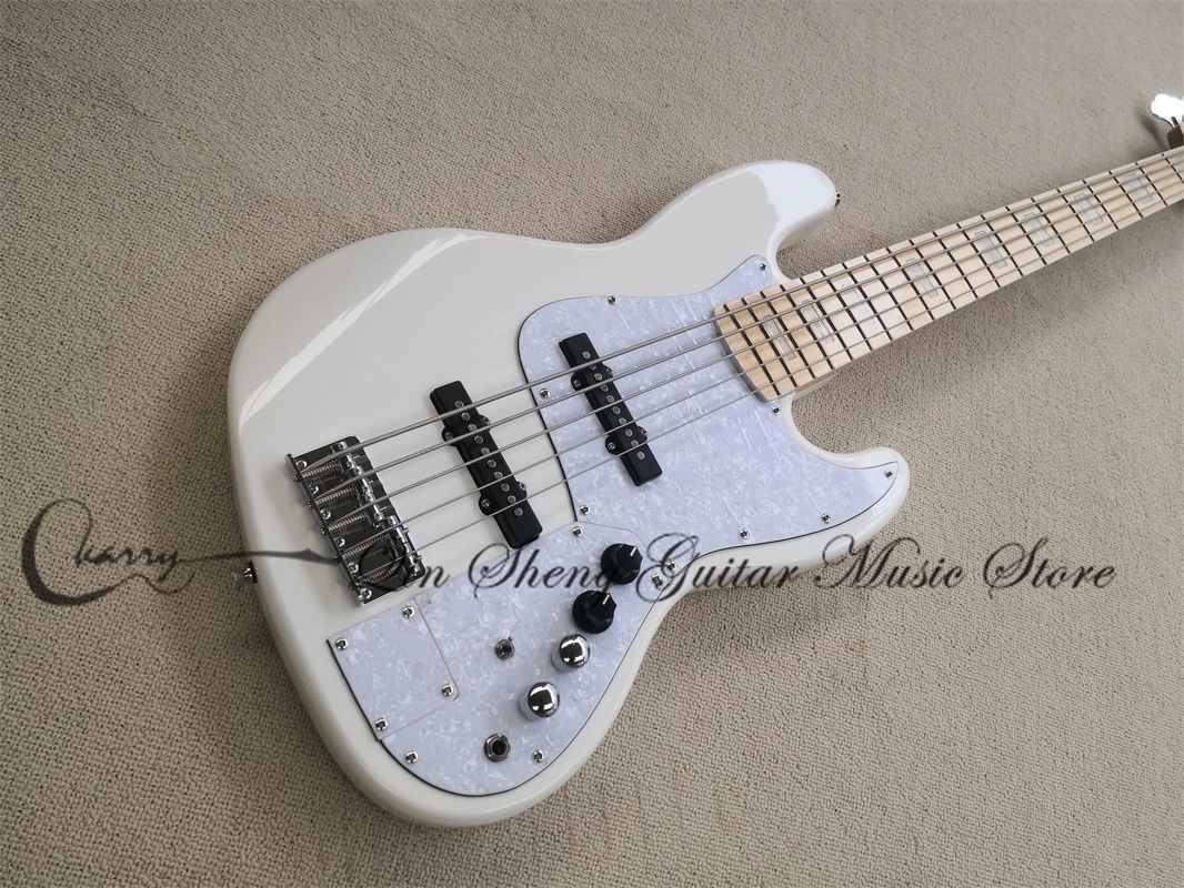 5 Strings Bass Guitar Jaz Body Maple White Pearl Pickguard Active Pickups Strings Though Body