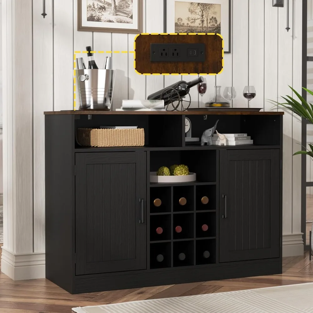 

Farmhouse Buffet Cabinet with Prower Outlets, Rustic Sideboard Buffet with Wine Rack, Wooden Buffet Table for Dining Room,