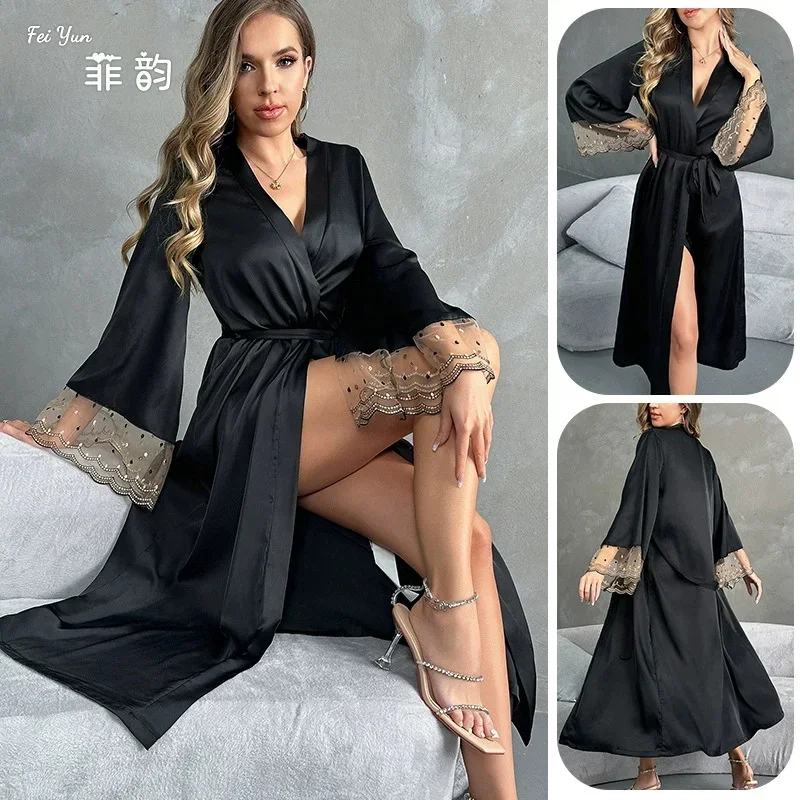 

Sexy Lace Female Long Robe Dress Nightgown Spring Summer New Sleepwear Kimono Bathrobe Gown Loose Satin Homewear Loungewear