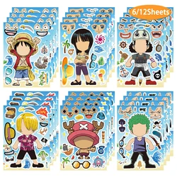 6/12Sheets Cool One Piece Anime Puzzle Stickers DIY Make-a-Face Assemble Funny Cartoon Decal Assemble Jigsaw Boy Toy Kid Gift