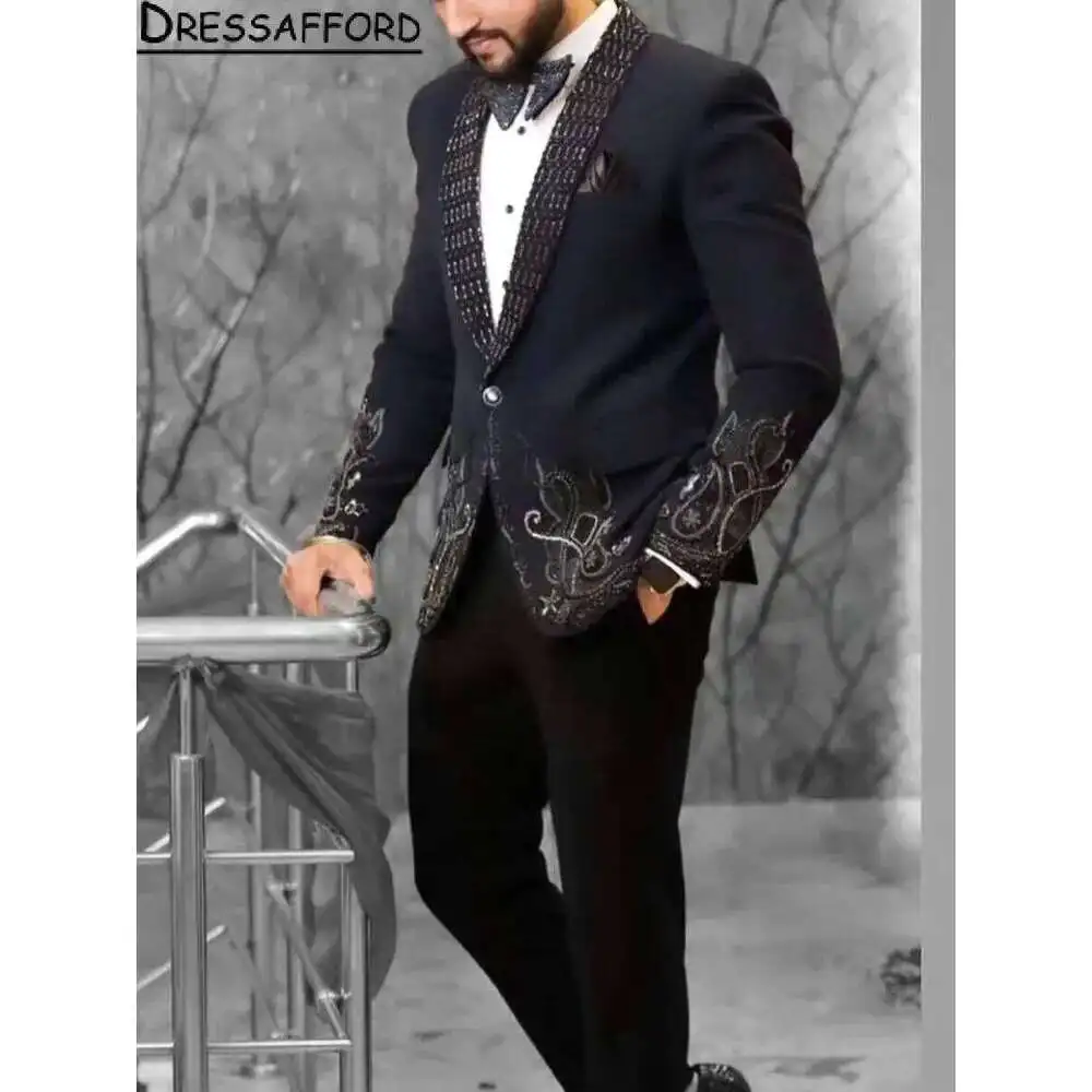 

Black Luxury Handmade Beading Crystal Men Suits Two Pieces Man Blazerjacket+Pants