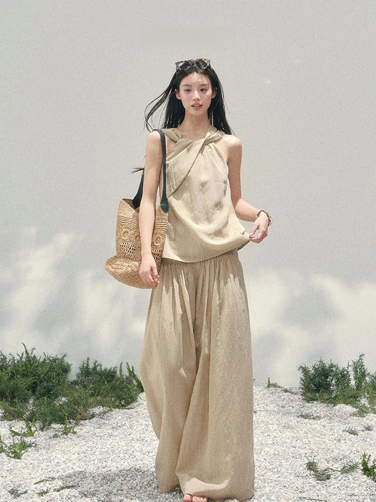 Conjunto Casual AOMALM de Calças Largas em Caqui e Blusa para Mulheres, Moda Primavera, Conjunto de Duas Peças Leve, Confortá...