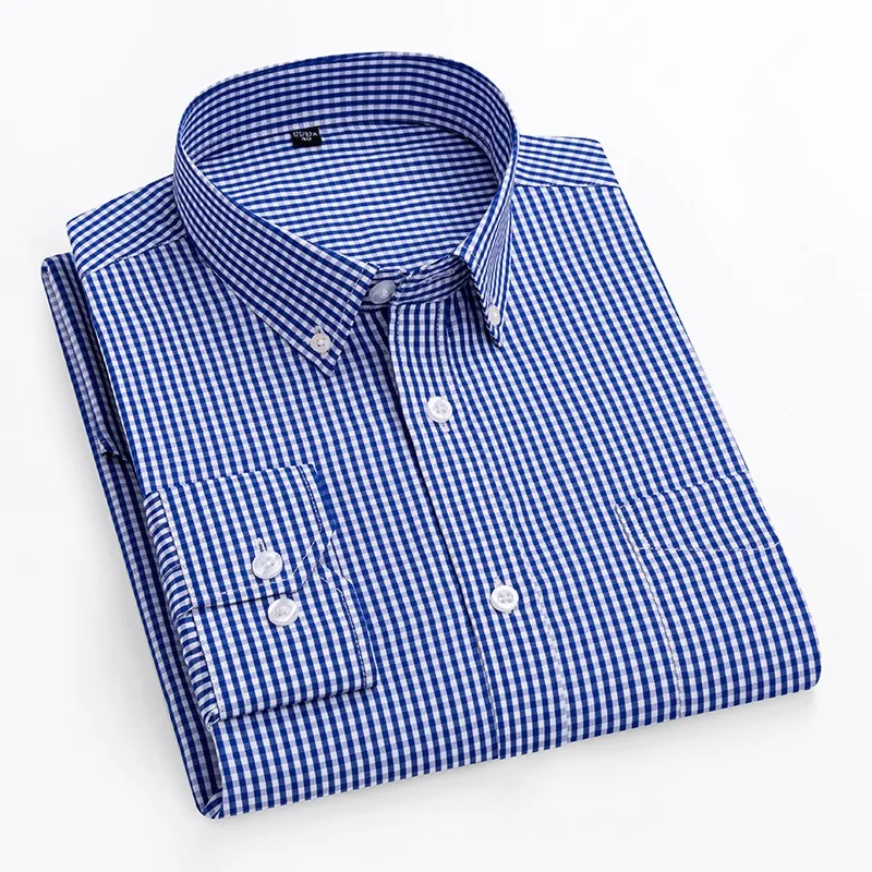 Thin 100% Cotton Plaid Shirts for Men Long Sleeve  Checkered Dress Shirt Mens Blue New  Men Clothing  Button Up Shirt