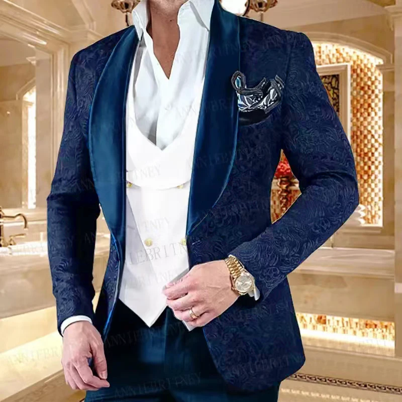 Formal Sky Blue Jacquard Men\'s Business Suit 3 Pieces Slim Fit Men\'s Groom Wedding Dress Evening Dress Tuxedo Jacket Vest Pants