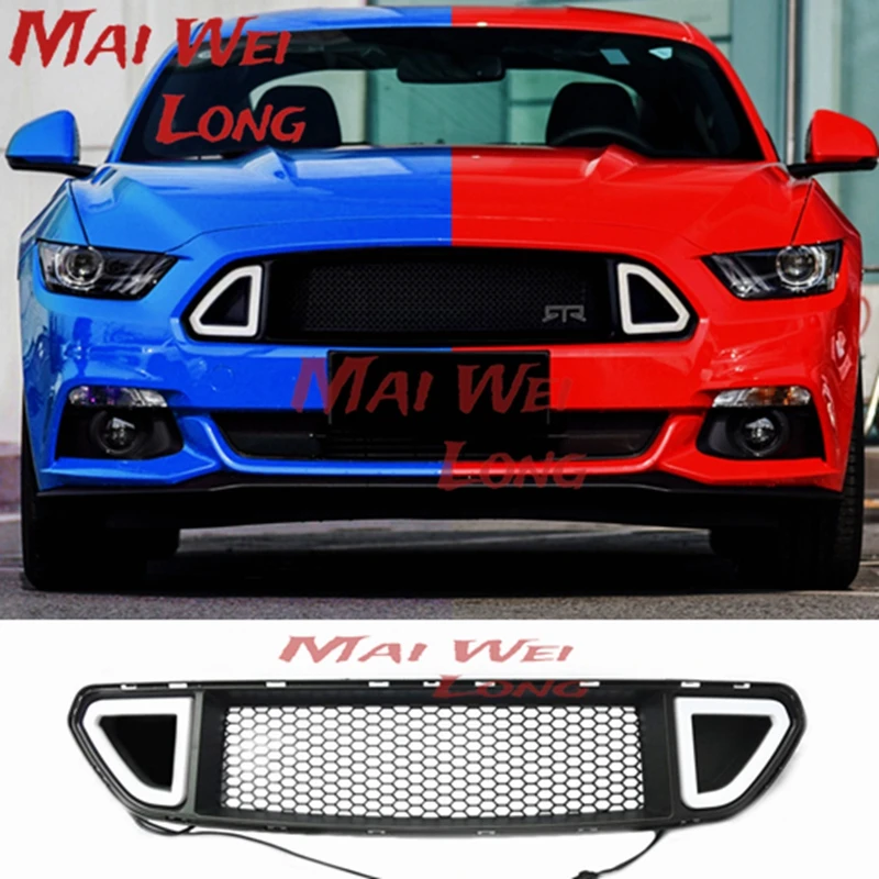 Front Grill Grille For Ford Mustang 2015-2017 Rtr Style Bar Black Replacement Car Bumper Vent Hood Mesh Cover W/ White Led Light