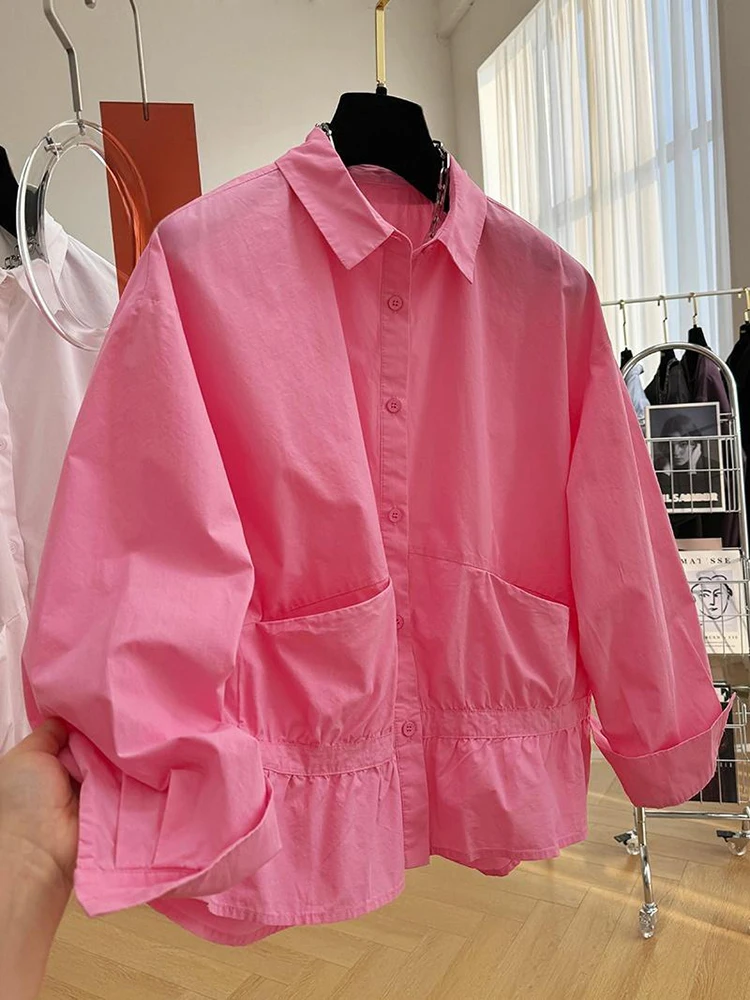 Camisa de grandes dimensões de cor sólida feminina estilo coreano camisas senhora do escritório elegante blusa de manga longa temperamento topos