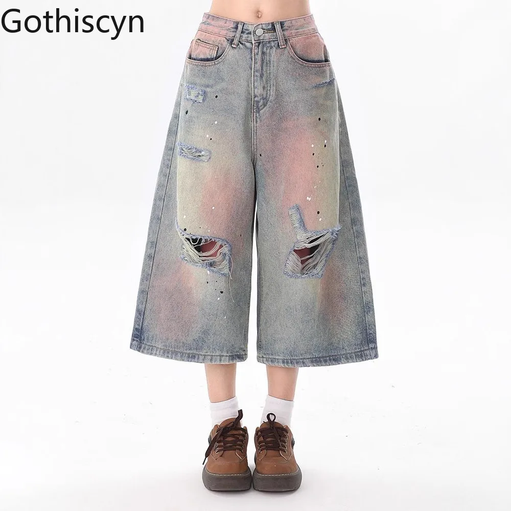 

Gothiscyn Hole Distressed Washed Denim Jeans for Women's Summer American Retro High Waisted Loose Wide Leg Calf-length Pants