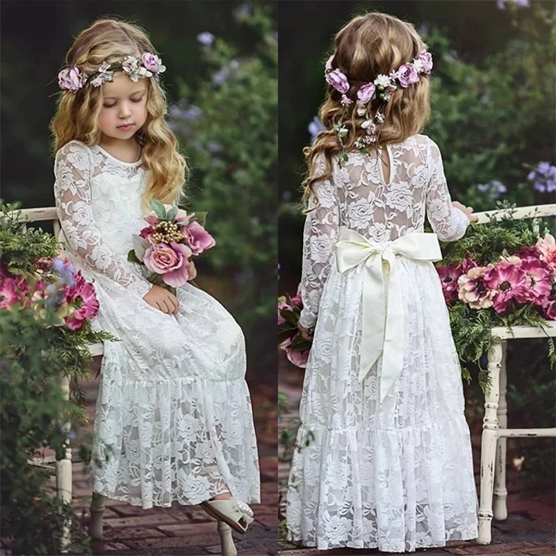 vestidos de fiesta para bodas Vestido de encaje para niñas de 2 a 12 años, ropa Bohemia blanca/Beige de manga larga con flores para bebés, Princesa,