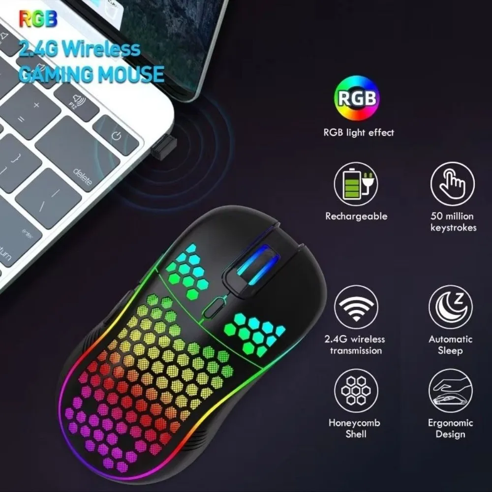 

Регулируемая мышь с RGB-подсветкой DPI, эргономичный дизайн, перезаряжаемая игровая мышь, красочная беспроводная мышь 2,4G со светодиодной подсветкой