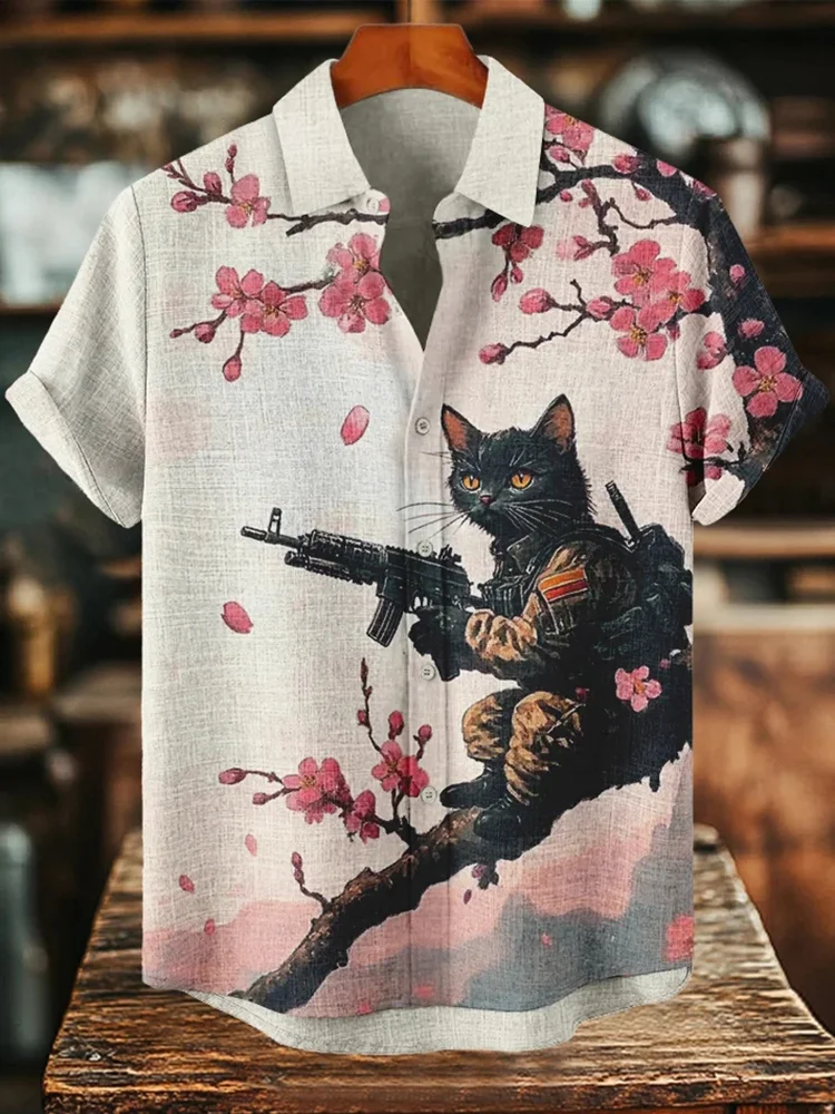 ฮาวายผู้ชายแมวกราฟิกเสื้อแขนสั้น Turn-Down เสื้อสําหรับฤดูร้อนขนาดใหญ่เสื้อวันหยุดสบายๆเสื้อผ้า