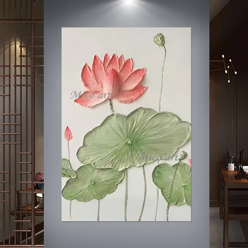 Lotus Flower Painting Abstract Palette Knife Canvas Art Drawing Wall No Framed 3D Beautiful High Quality Plant Scenery Picture