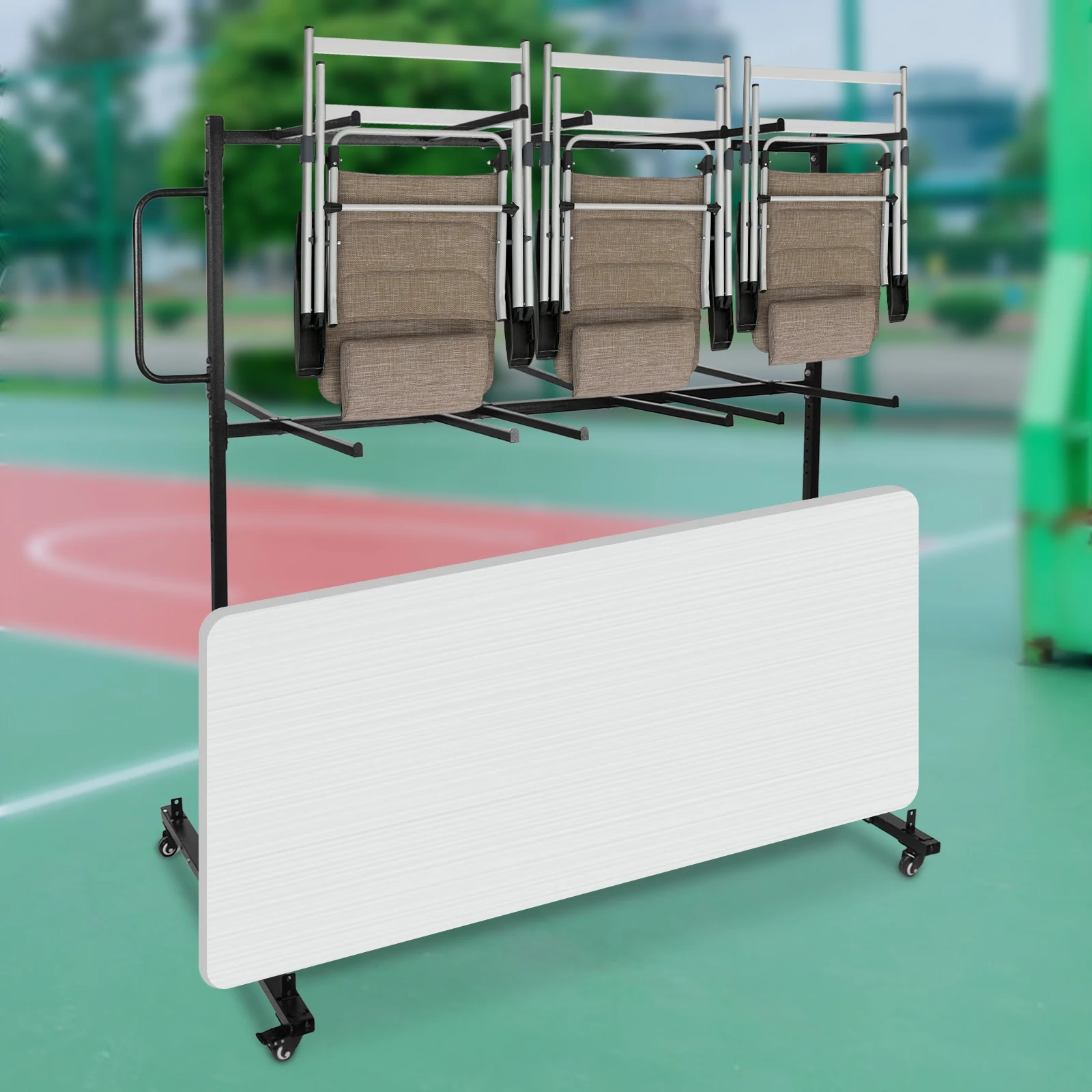 

Black Carbon Steel 85x160x182cm Folding Table and Chair Cart Adjustable Height Accommodate 84 Chairs Carrying Frame