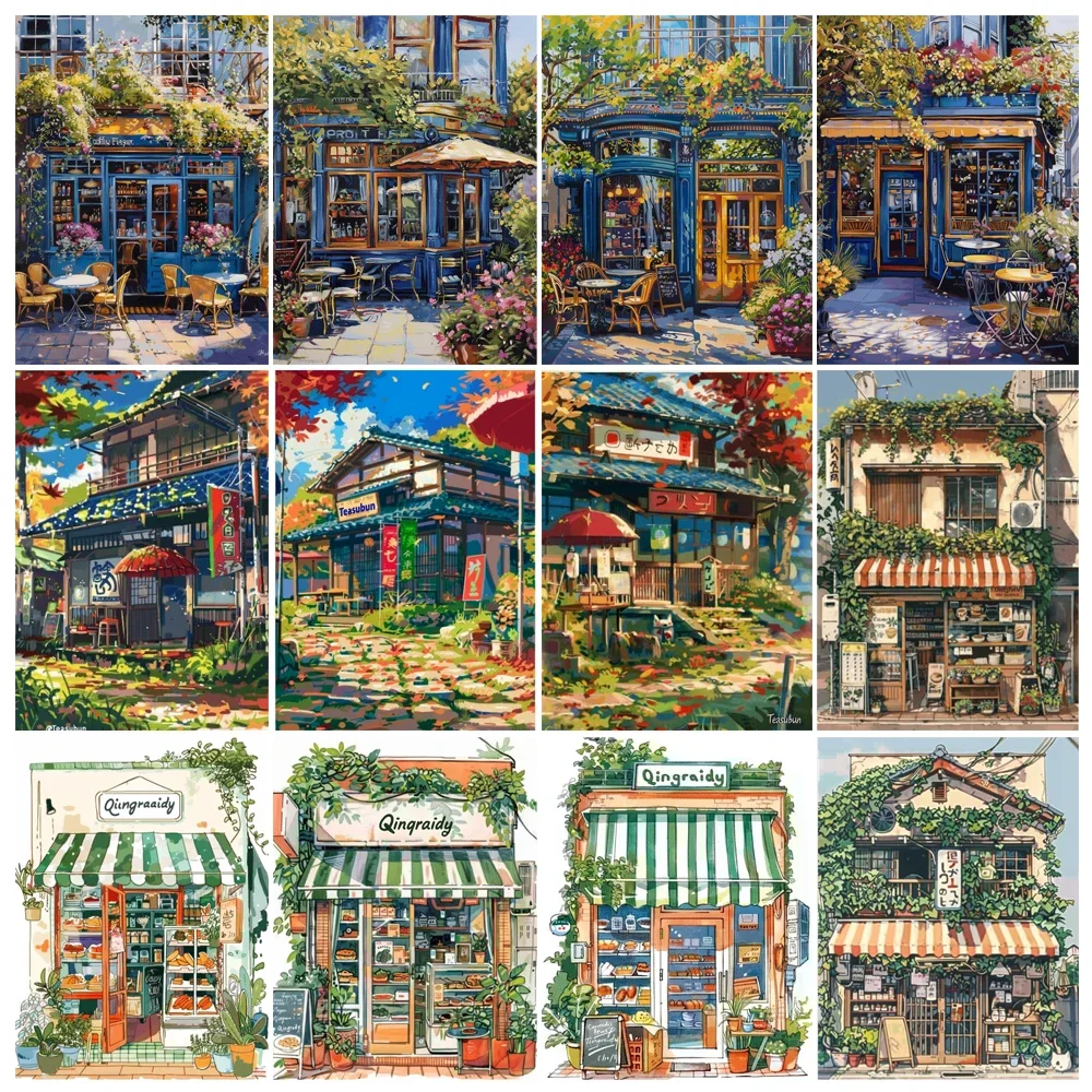 Painting By Numbers Hand Japanese Architecture Shop Adult Acrylic Kit Seascape DIY Paint Canva Artwork Personalise Gift Home