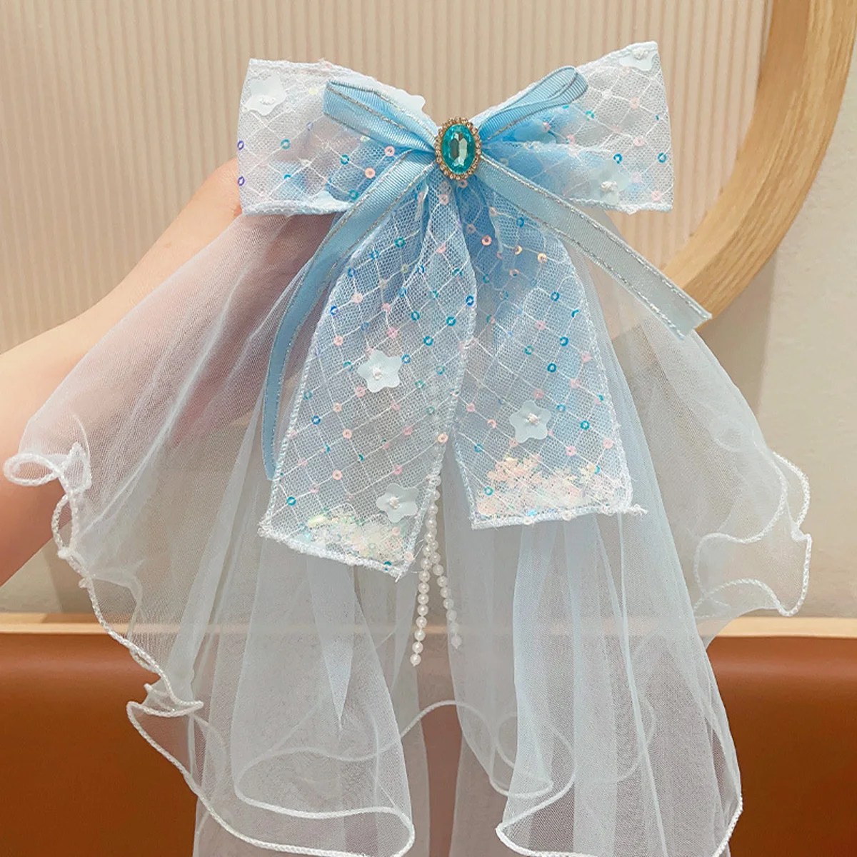 1pcs Children\'s Bow Net Gauze Princess Sweet Rhinrhinese Pearl Fringe Float Yarn Hairpin Girls Hair Accessories