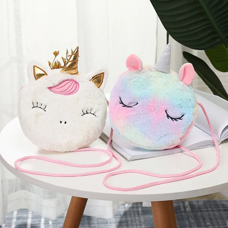 New Fashion Plush Children Girls Shoulder Bag Cute Unicorn Animals Messenger Bag Kids Keys Coin Purse Cute Princess Mini Handbag