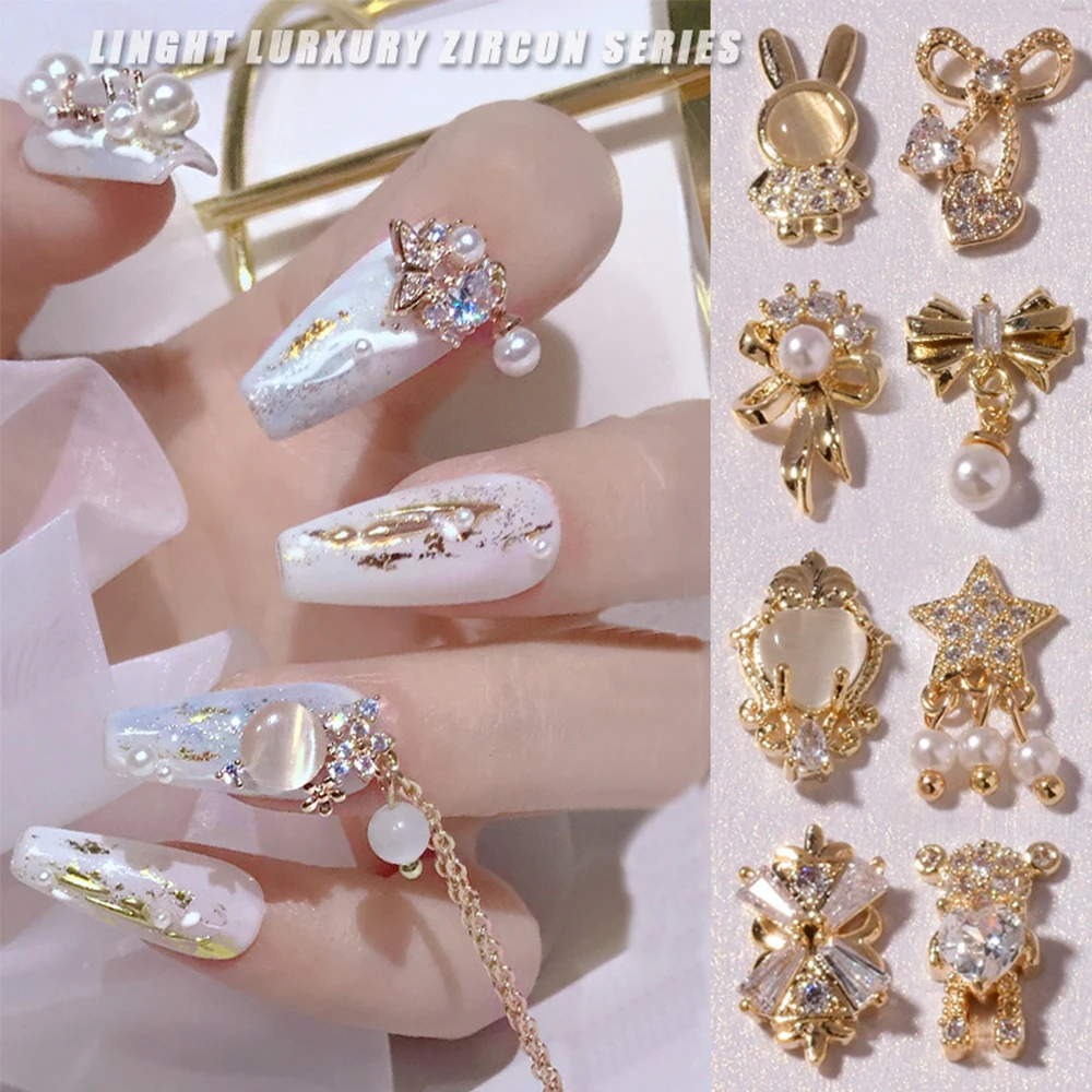 DIY Bow Manicure Tools Metal Zircon Bear Opal Nail Art Decorations Crystal Pendant Chain Nail Rhinestones Biżuteria artystyczna do paznokci