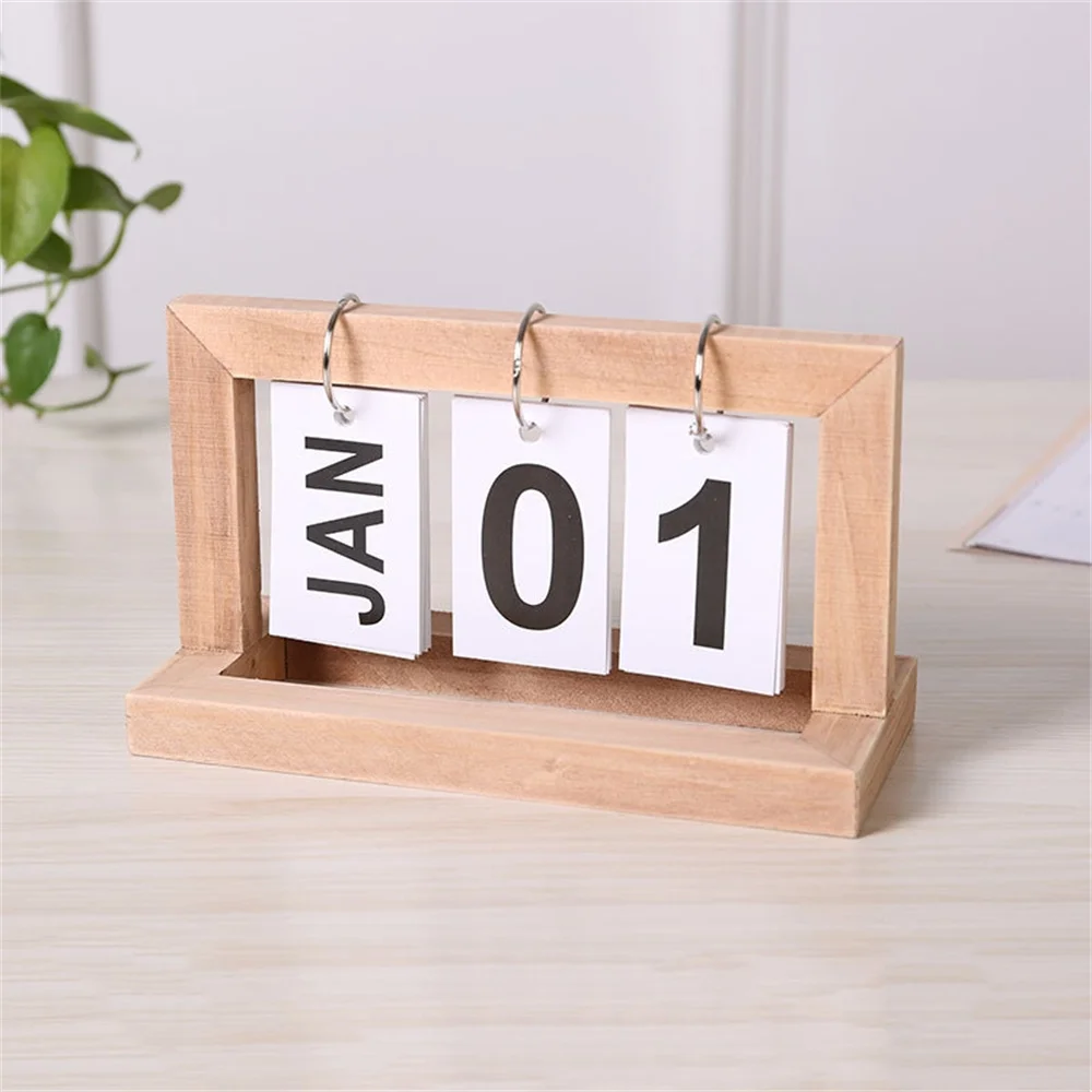 Wooden Perpetual Calendar Flip Month Date Display Desktop Schedule Daily Planner Office Home Decoration Photography Props