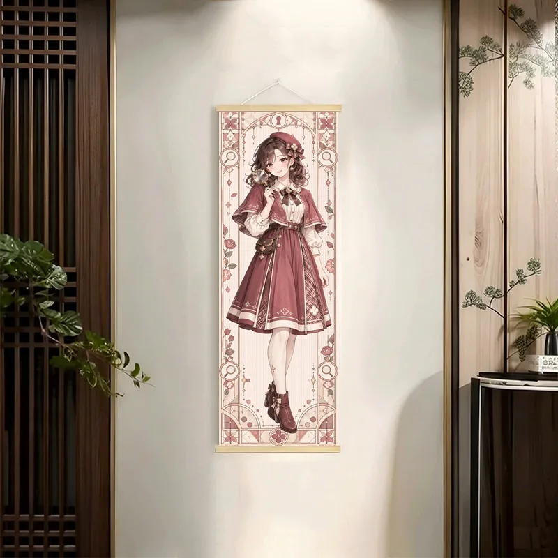 Anime Women in Burgundy, Brown, Purple and Tan Outfits Wall Scroll with Vintage Inspired Floral Borders for a Bedroom