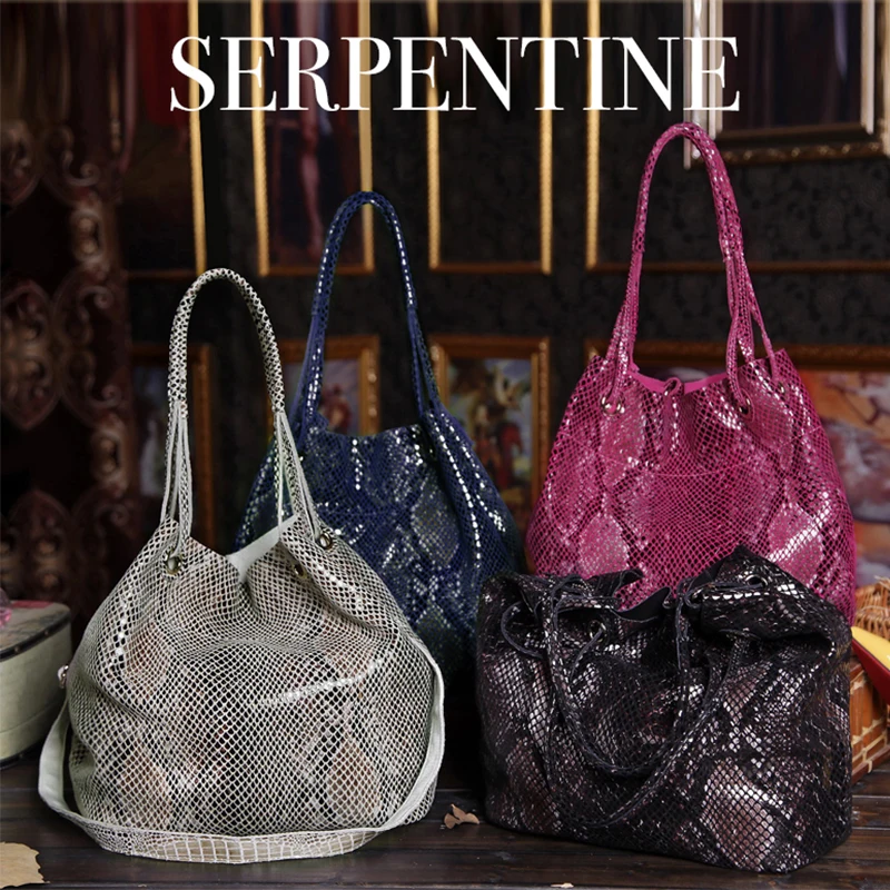 Large Real Leather Women\'s Serpentine Image Coating Handbags Bags New Lady Genuine Suede Cow Leather Shoulder Bag