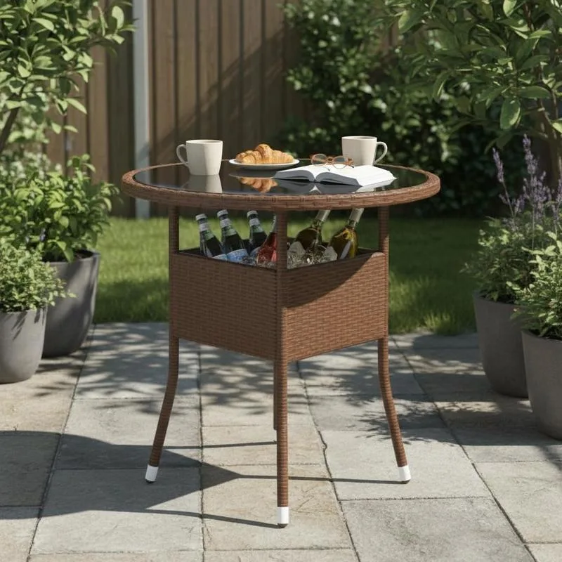 Table de jardin ronde Marron en polyrotin et verre trempé 80x75 cm pour patio extérieur, repas, cour arrière, balcon, porche, meubles d'été