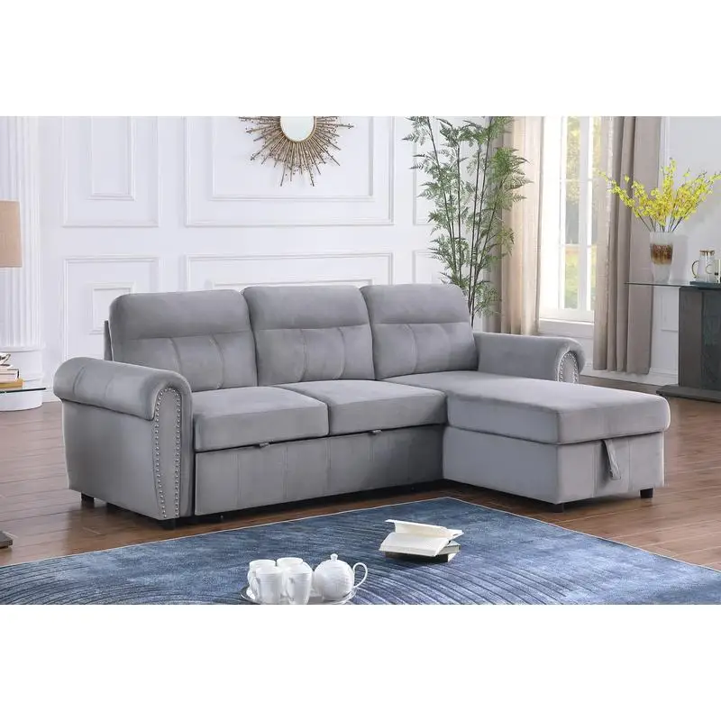 96.5" Gray Velvet Fabric Reversible Sleeper Sectional Sofa Chaise for Living Room, Modern Design, Comfortable and Versatile
