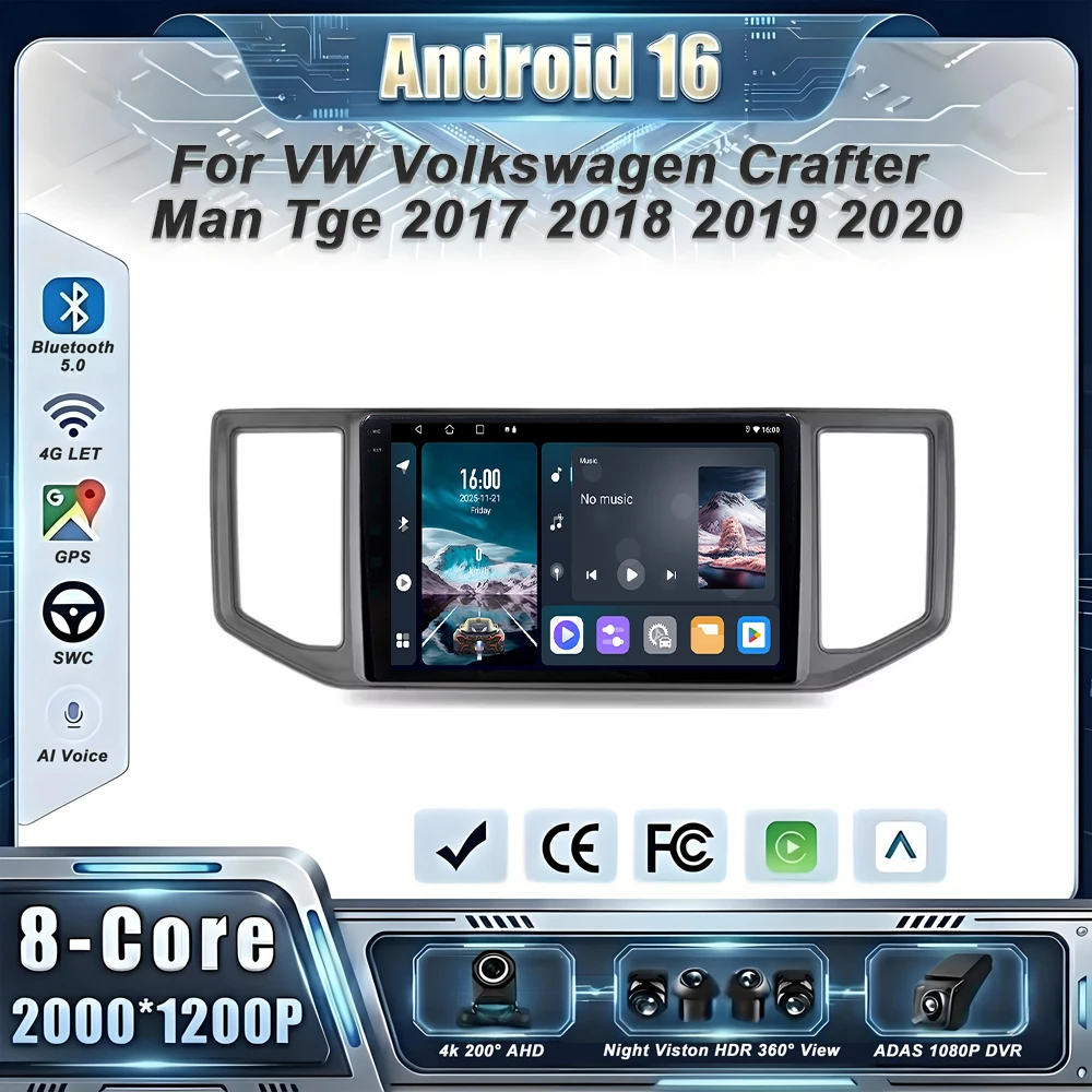 Android 16 Radio de coche Carplay para VW Volkswagen Crafter Man Tge 2017 2018 2019 2020 unidad principal estéreo reproductor Multimedia No 2din 5G