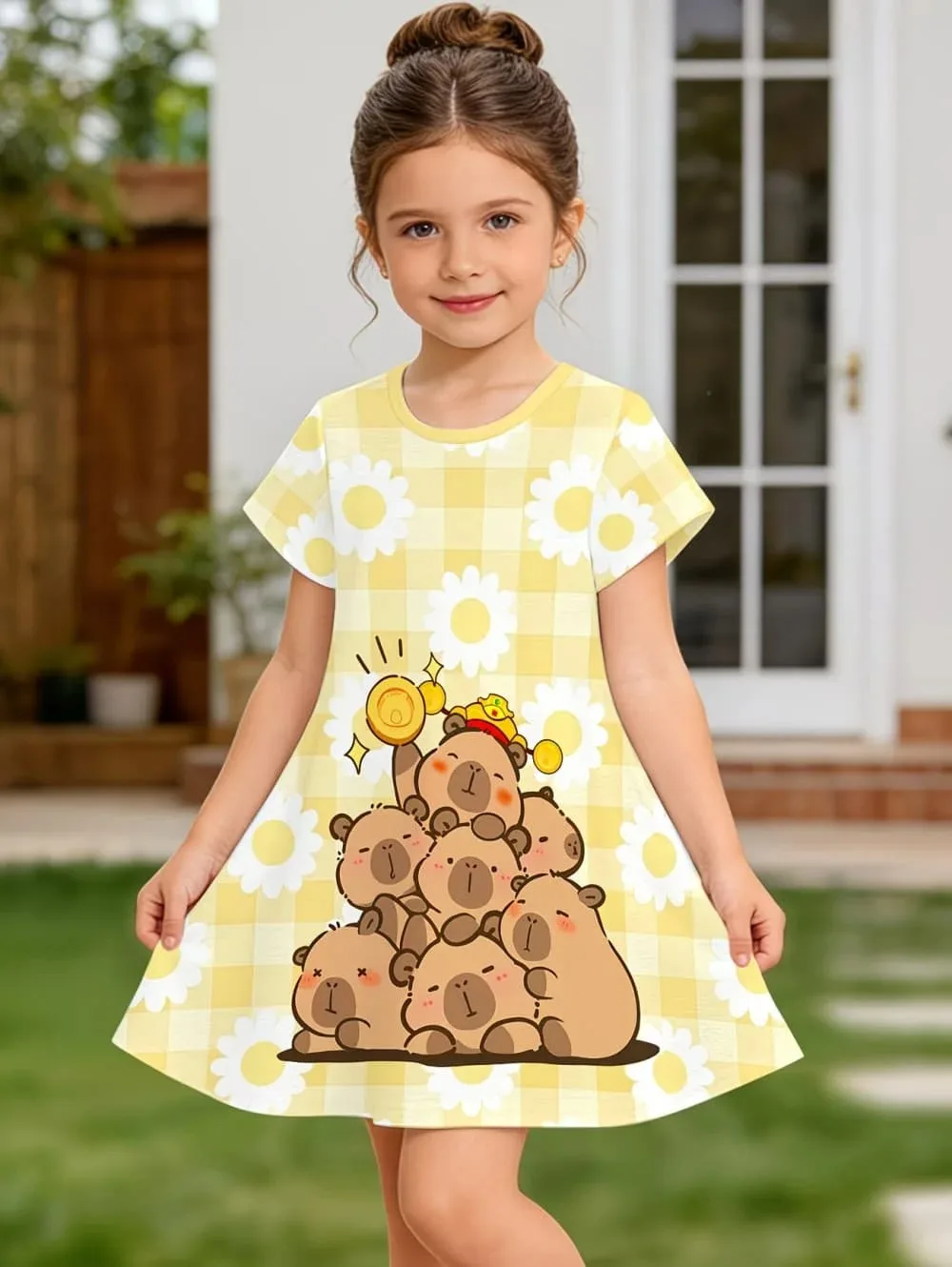 CARTOON CAPYBARA PRINT SHORT SLEEVED PRINCESS DRESS SUMMER CHILDREN S CLOTHING PARTY BIRTHDAY GIFT GIRLS ROUND NECK DRESS