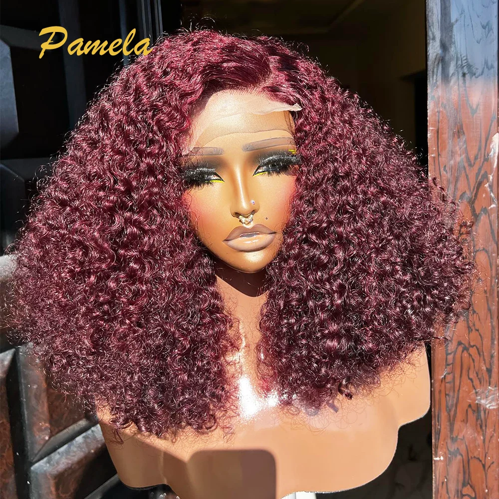 

Brazilian Burgundy Short Curly 4X4 Glueless 99j Colored Curly Bob 250% Density Transparent Lace Frontal Human Hair Wig For Women