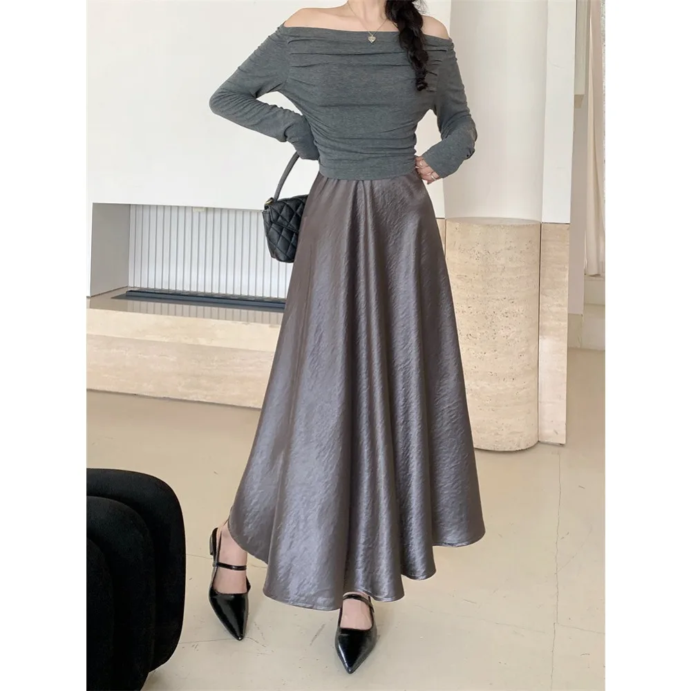 

Повседневные милые шикарные атласные однотонные юбки с высокой талией, корейская модная пляжная базовая летняя одежда больших размеров