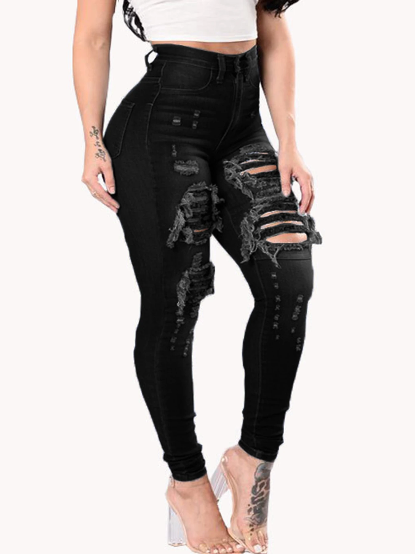 بنطال جينز نسائي عالي الخصر وممزق ومغسول باللون الأسود للكاحل، أنيق عتيق نحيف - سروال رصاص قابل للتمدد