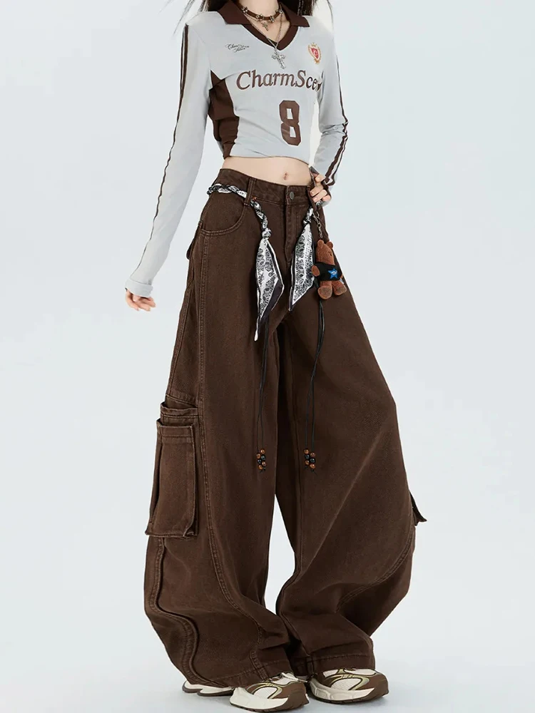 

Женские джинсы-карго кофейного цвета в американском стиле ранняя осенью 2025 года, новые свободные повседневные трендовые широкие брюки с высокой талией