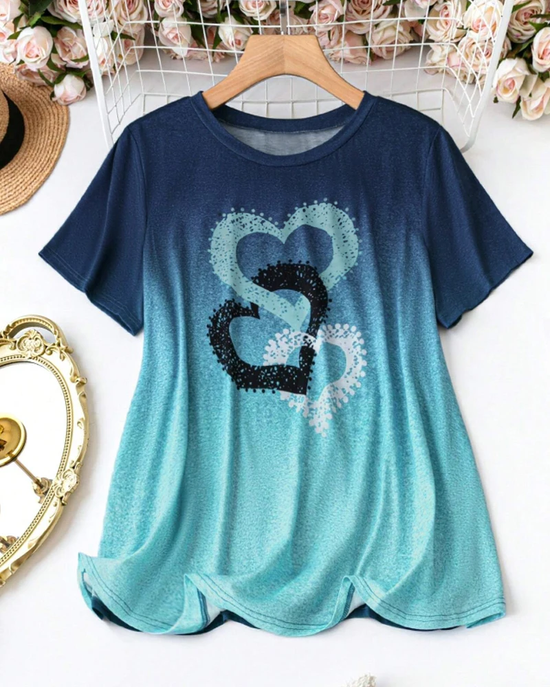 New Plus Size European and American Women's Casual Round Neck Love Printed T-shirt