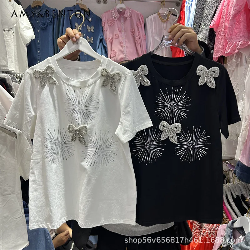 

Heavy Industry Y2k Rhinestone Bowknot T-shirt For Women's 2025 Summer New Round Neck Short Sleeves Fashion Versatile Tshirts Top