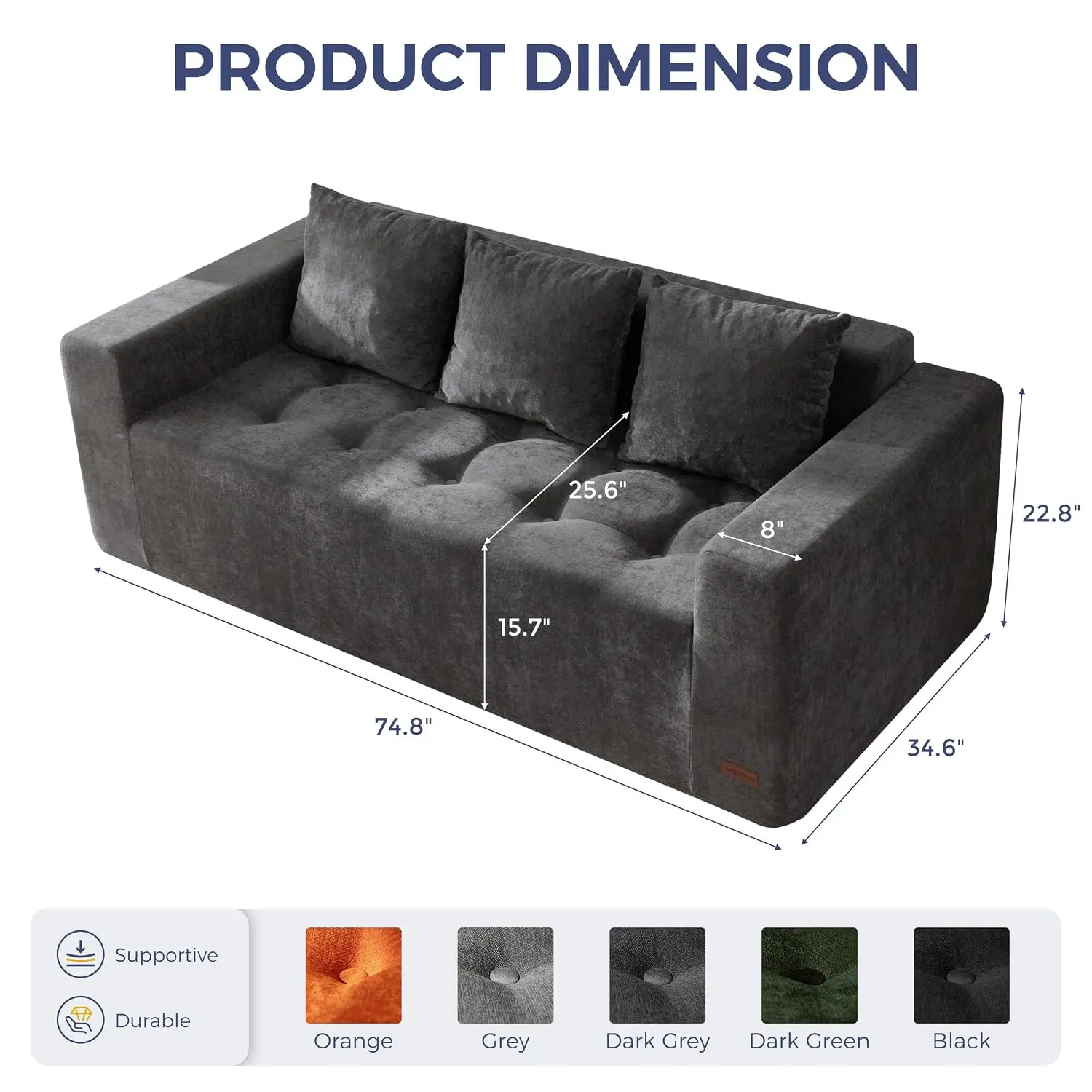 Oversized Loveseat Boneless Cloud Sofa, Deep Seat, Chenille Upholstered Living Room Chair, No Assembly, 75
