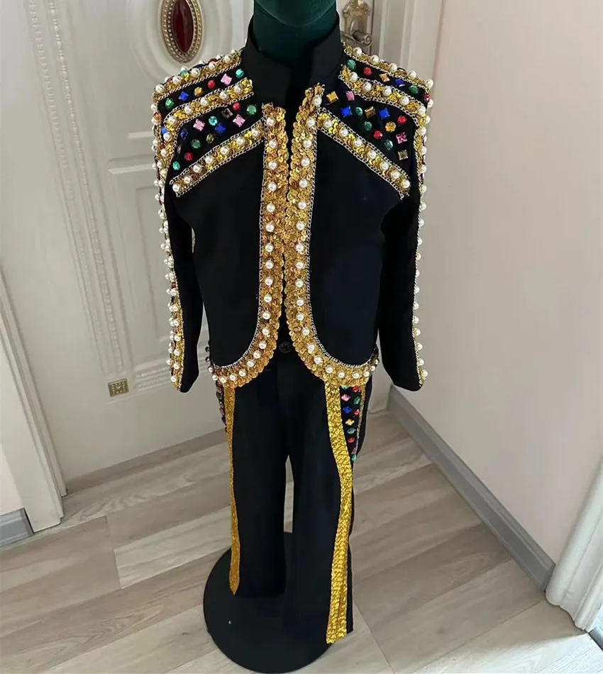 

Handmade Crystal Beads Diamond Royal Suit Jacket Kid's Model Walk Show Stage Costumes Drum Chorus Performance Clothing