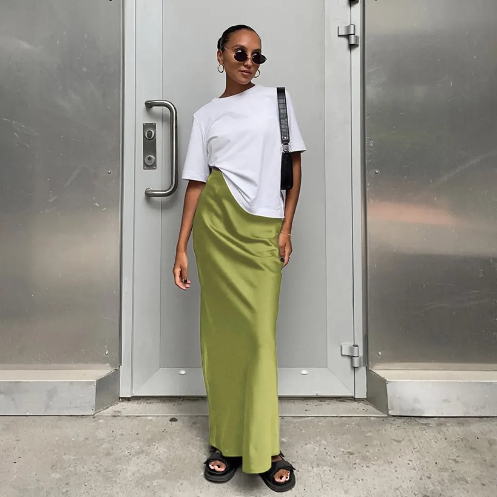 

Women's Solid Color Silk Satin Long Skirt Casual Style New from