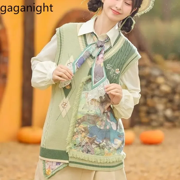 Gaganight Women Forest Style Coat Oil Painting Style Knitted Vest 2024 Autumn Winter New Loose New Style Printed Cardigan Outfit