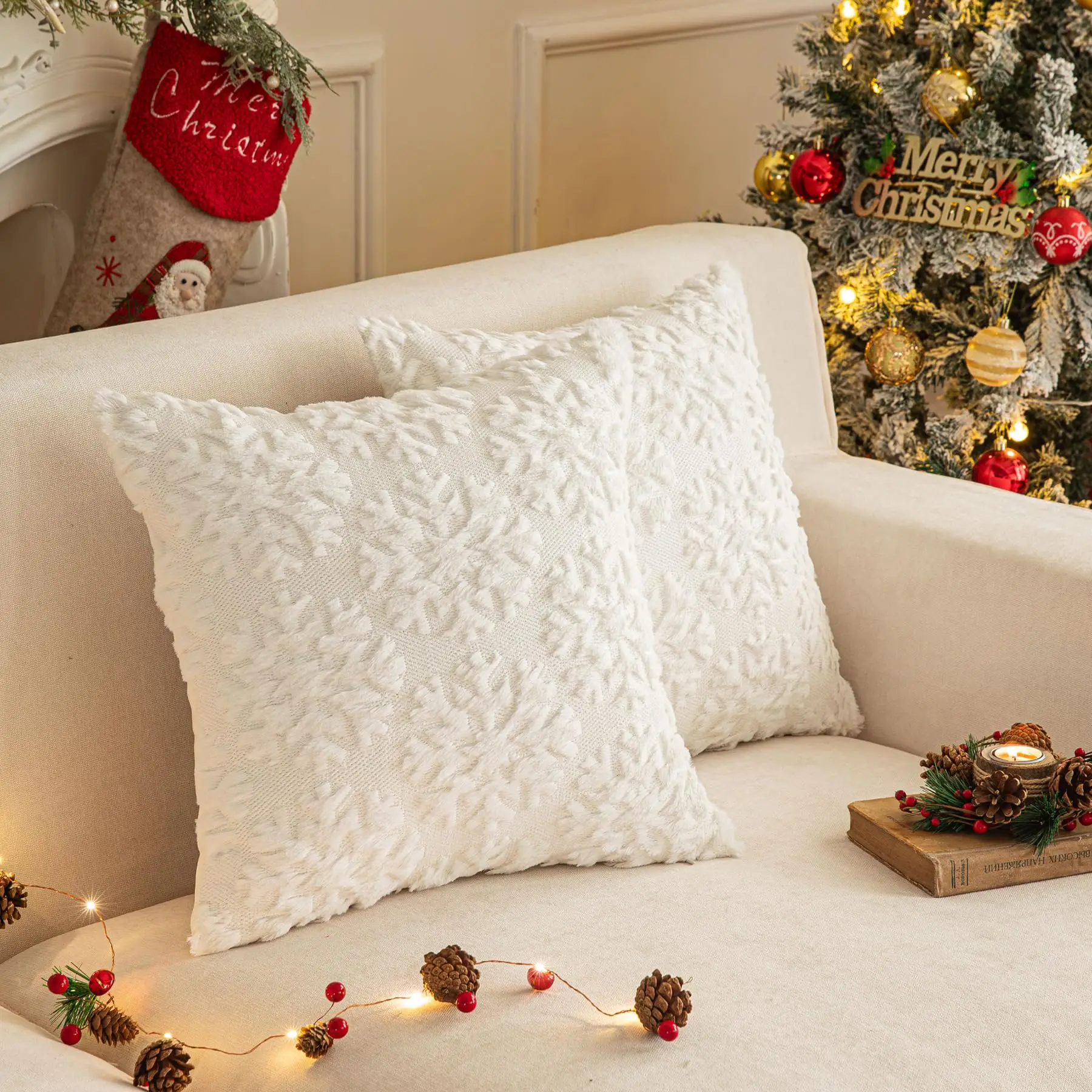 

Christmas Snowflake Decorative Throw Pillow Covers, Soft Fluffy, Red White Pillowcases for Home Decor, 30x50/45x45/50x50cm 2Pcs